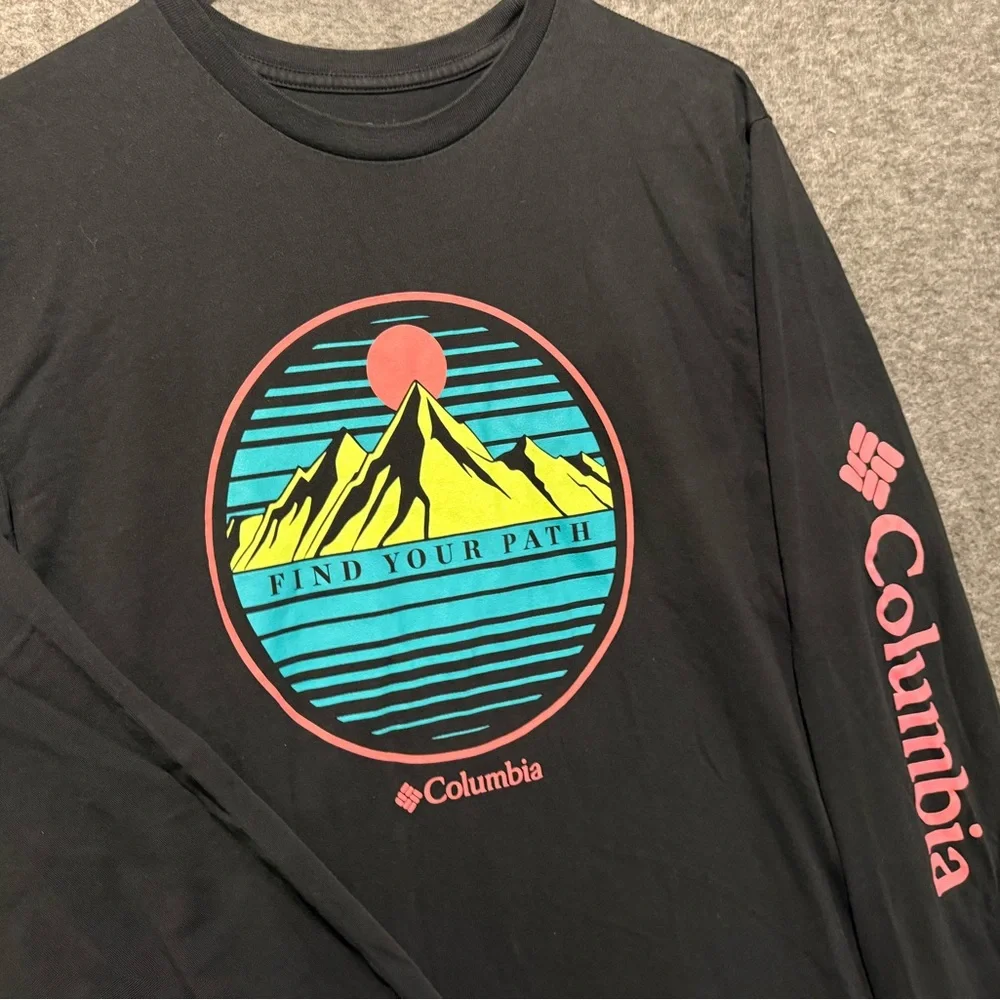 Columbia Graphic Long Sleeve Shirt Mens L black pink Find Your Path Logo Sleeve